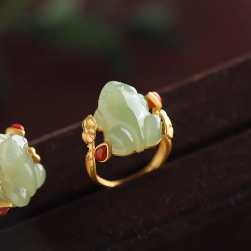 Wedding Zone - Green Jade Frog Rings Charms Natural